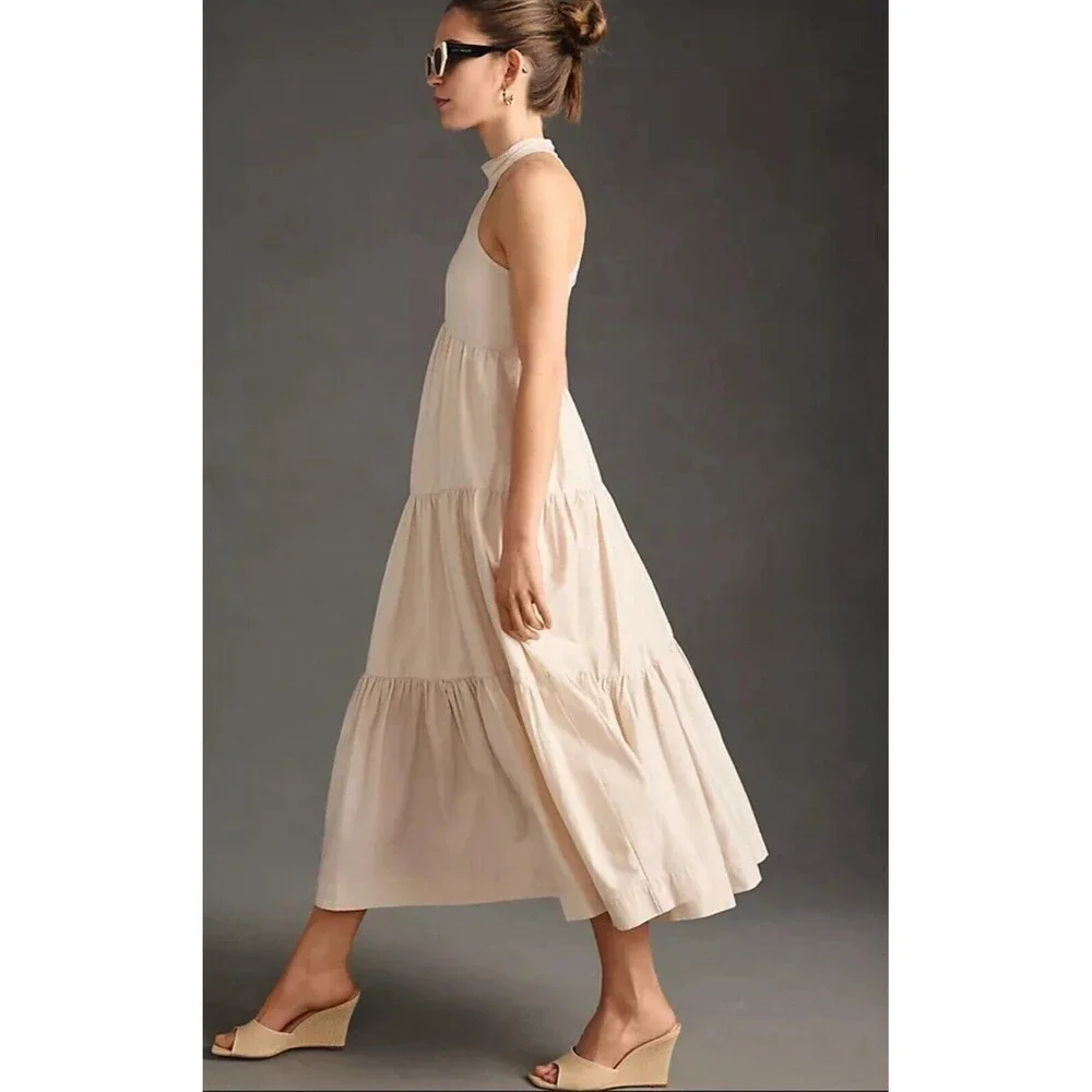 Anthropologie Maeve Midi Dress Women Halter Tired Preppy Cotton Flowy Sz 14 New
